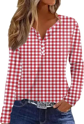 Womens Graphic Tees Long Sleeve Shirts V Neck Button Trendy Loose Floral Print Henley Casual Tunics Clothing