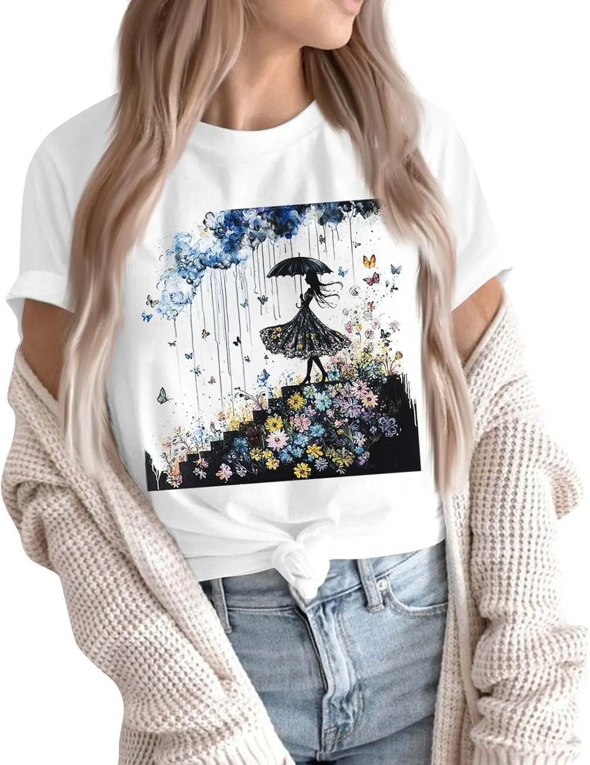 Women's Graphic Tees Summer White Crewneck T Shirt Short Sleeve Trendy Cute Print Graphic Shirts for Women