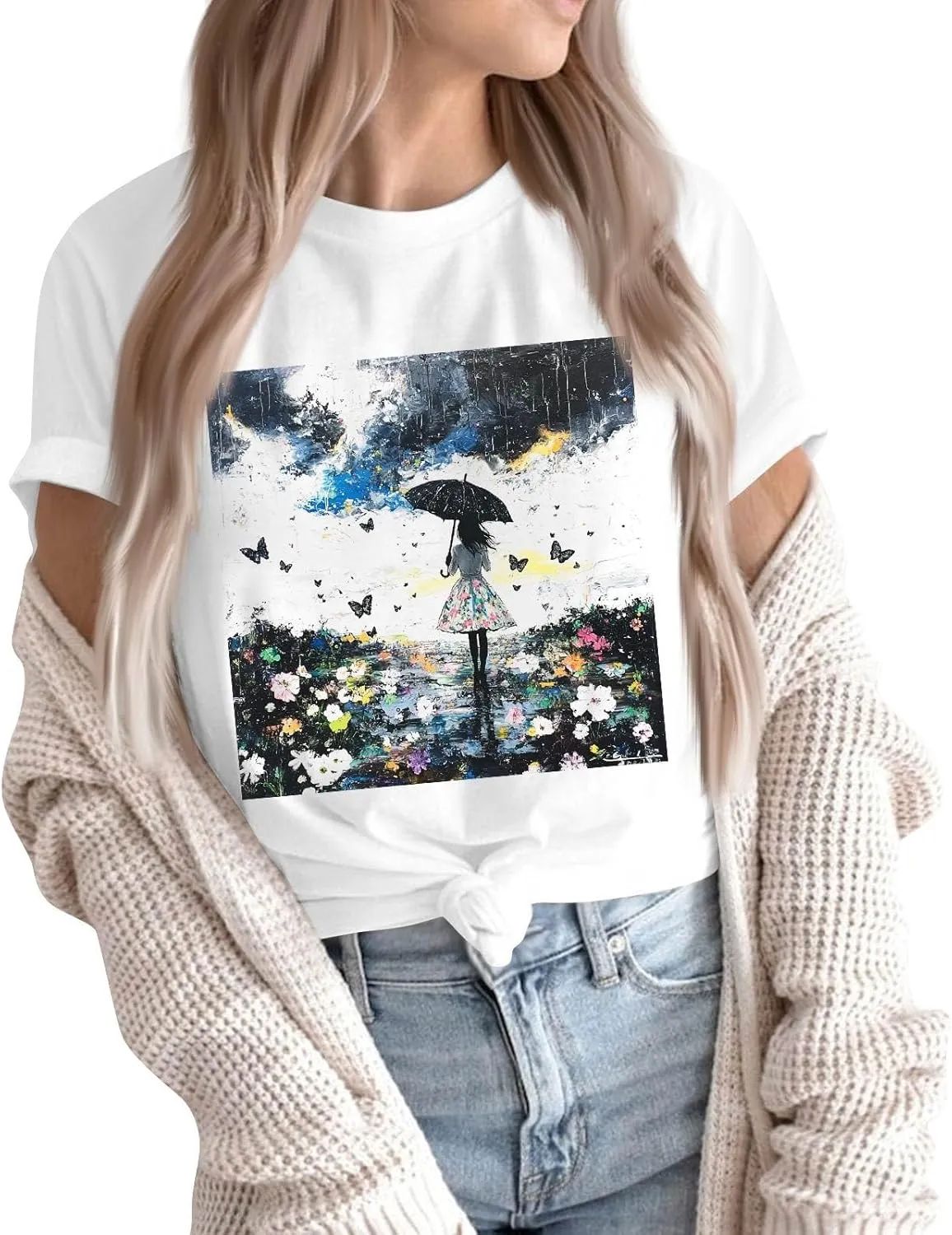 Women's Graphic Tees Summer White Crewneck T Shirt Short Sleeve Trendy Cute Print Graphic Shirts for Women
