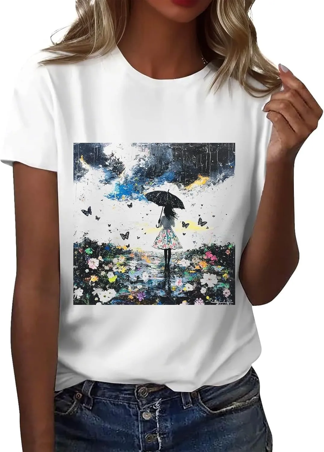 Women's Graphic Tees Summer White Crewneck T Shirt Short Sleeve Trendy Cute Print Graphic Shirts for Women