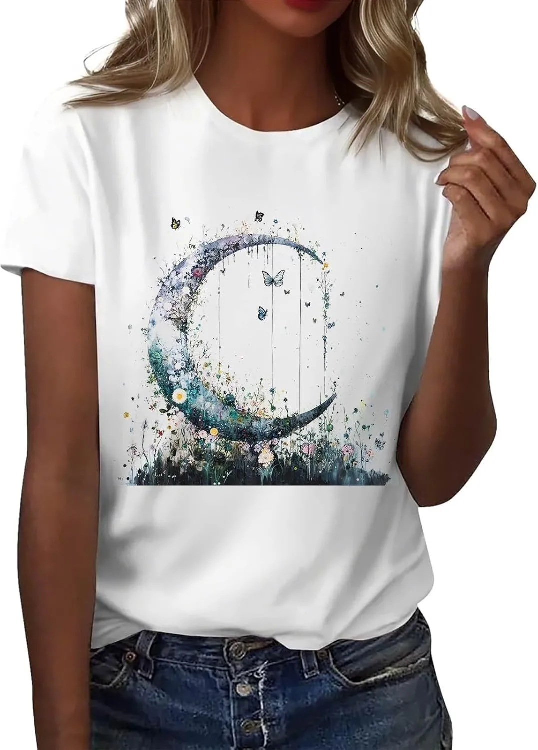 Women's Graphic Tees Summer White Crewneck T Shirt Short Sleeve Trendy Cute Print Graphic Shirts for Women