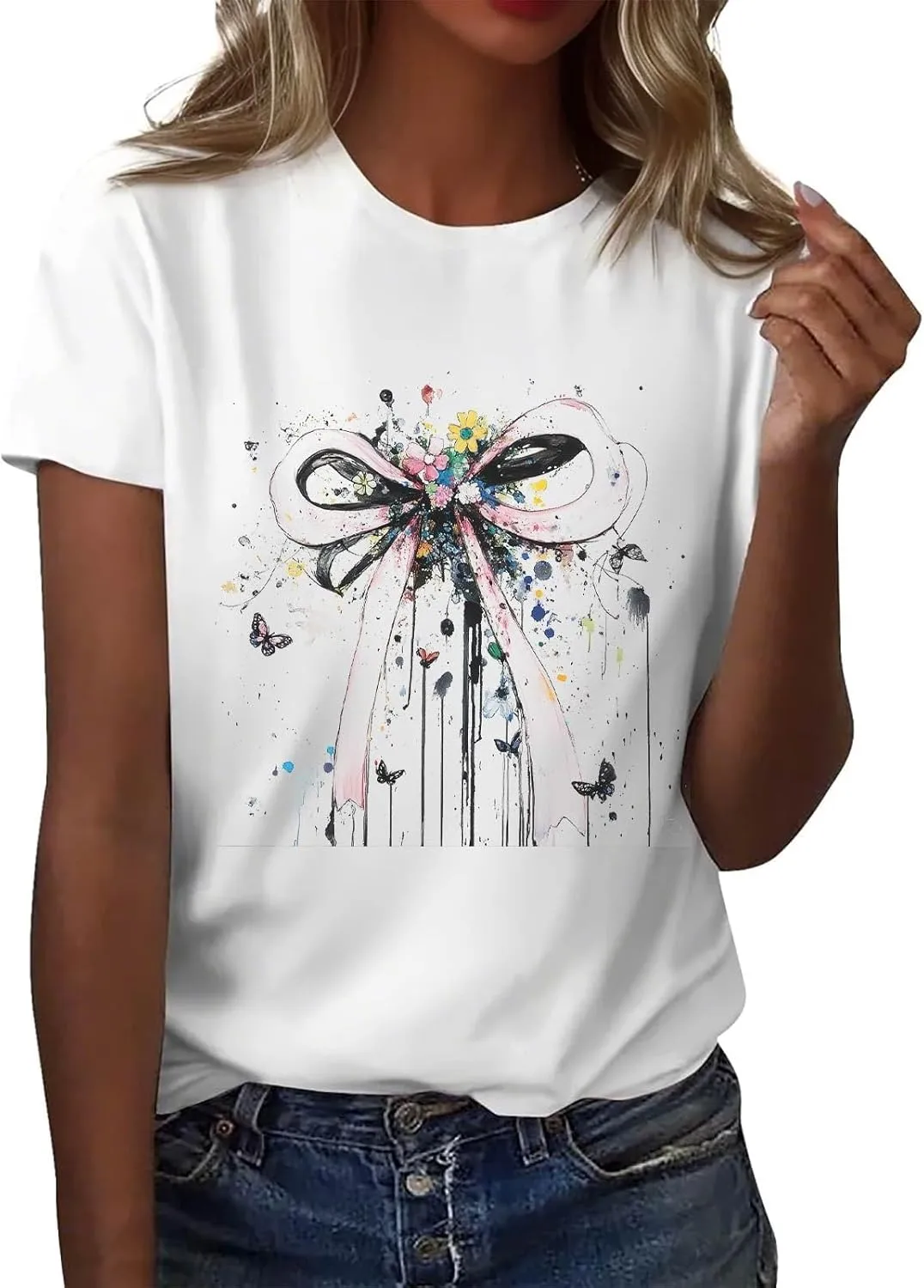Women's Graphic Tees Summer White Crewneck T Shirt Short Sleeve Trendy Cute Print Graphic Shirts for Women