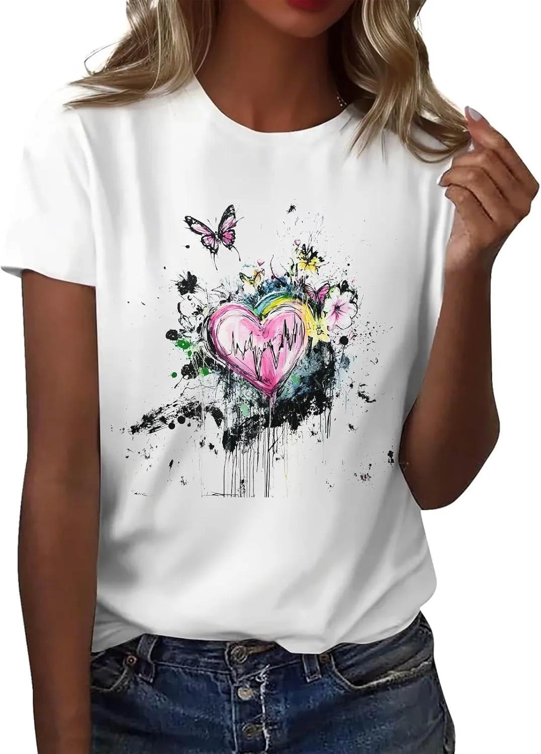 Women's Graphic Tees Summer White Crewneck T Shirt Short Sleeve Trendy Cute Print Graphic Shirts for Women