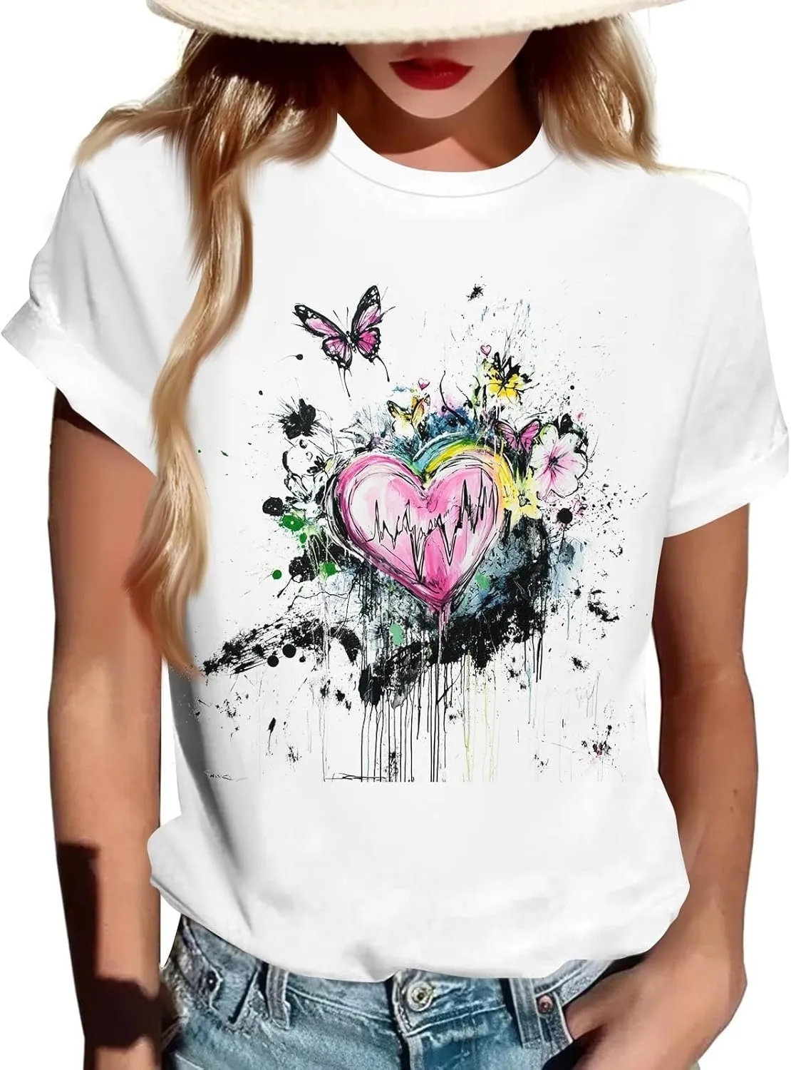 Women's Graphic Tees Summer White Crewneck T Shirt Short Sleeve Trendy Cute Print Graphic Shirts for Women