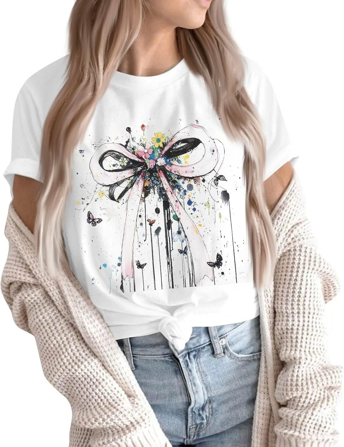 Women's Graphic Tees Summer White Crewneck T Shirt Short Sleeve Trendy Cute Print Graphic Shirts for Women