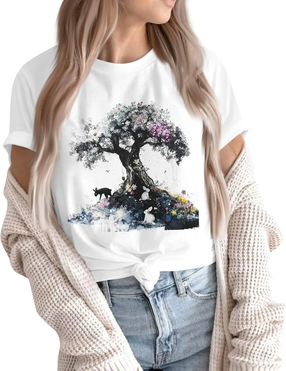 Women's Graphic Tees Summer White Crewneck T Shirt Short Sleeve Trendy Cute Print Graphic Shirts for Women