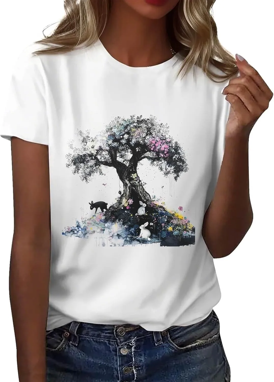 Women's Graphic Tees Summer White Crewneck T Shirt Short Sleeve Trendy Cute Print Graphic Shirts for Women