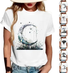 Women's Graphic Tees Summer White Crewneck T Shirt Short Sleeve Trendy Cute Print Graphic Shirts for Women