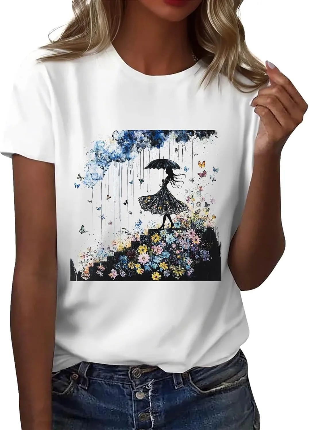 Women's Graphic Tees Summer White Crewneck T Shirt Short Sleeve Trendy Cute Print Graphic Shirts for Women