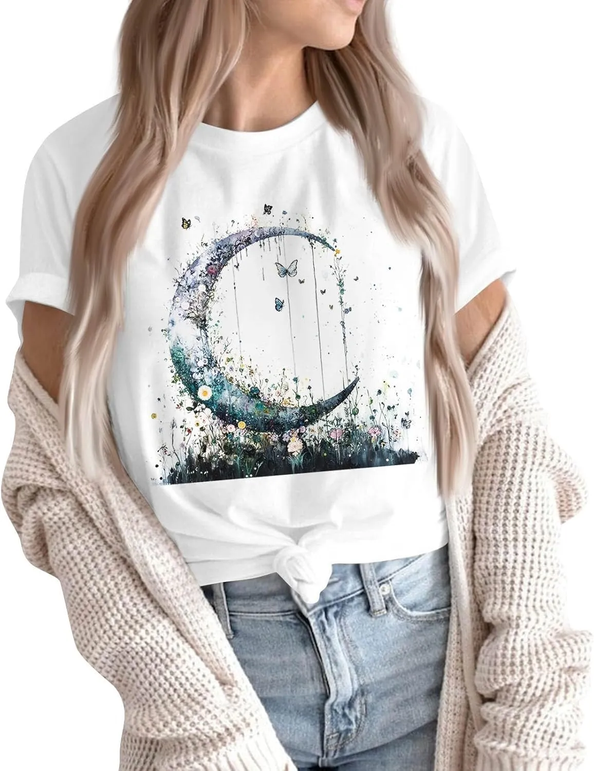 Women's Graphic Tees Summer White Crewneck T Shirt Short Sleeve Trendy Cute Print Graphic Shirts for Women