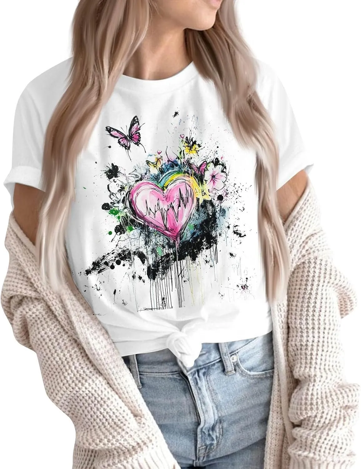 Women's Graphic Tees Summer White Crewneck T Shirt Short Sleeve Trendy Cute Print Graphic Shirts for Women