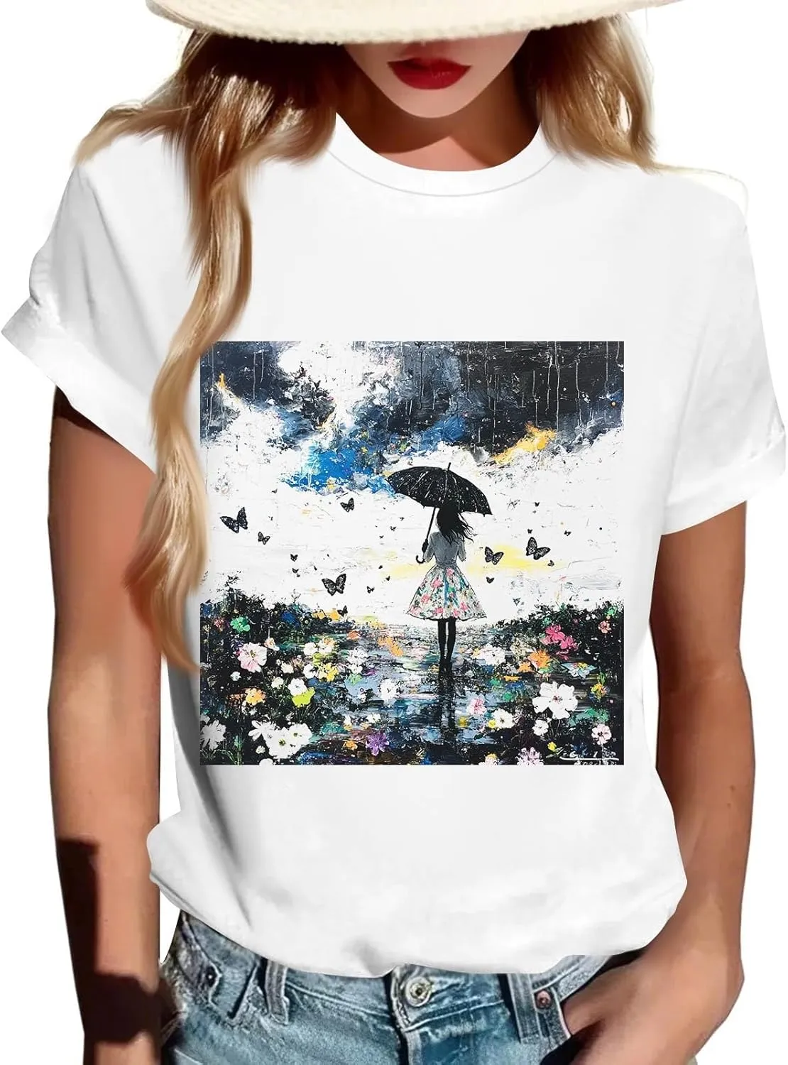 Women's Graphic Tees Summer White Crewneck T Shirt Short Sleeve Trendy Cute Print Graphic Shirts for Women