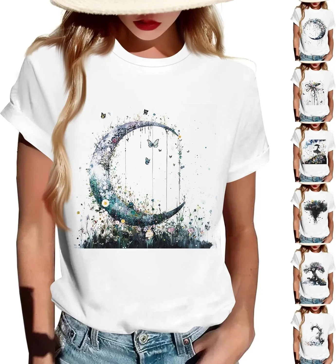 Women's Graphic Tees Summer White Crewneck T Shirt Short Sleeve Trendy Cute Print Graphic Shirts for Women