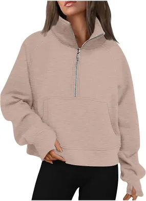 Womens Half Zip Hoodies Long Sleeve Cropped Solid Pullover Sweatshirt Loose Fit Casual Fashion Fall Tops