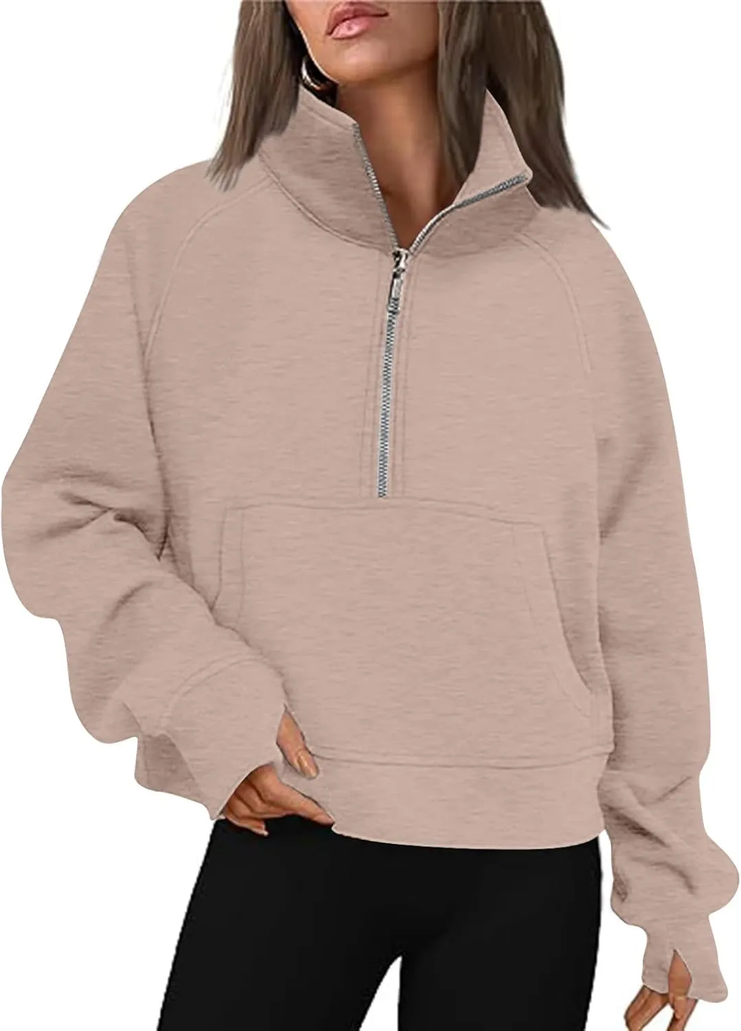 Womens Half Zip Hoodies Long Sleeve Cropped Solid Pullover Sweatshirt Loose Fit Casual Fashion Fall Tops