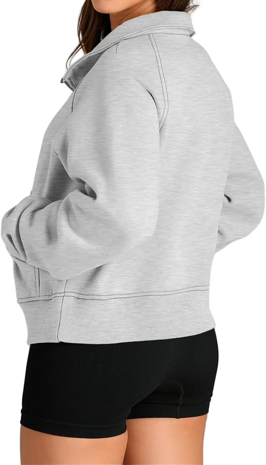 Womens Half Zip Pullover Fleece Cropped Sweatshirt Casual Solid Hoodies with Pockets Thumb Hole