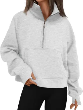 Womens Half Zip Pullover Fleece Cropped Sweatshirt Casual Solid Hoodies with Pockets Thumb Hole