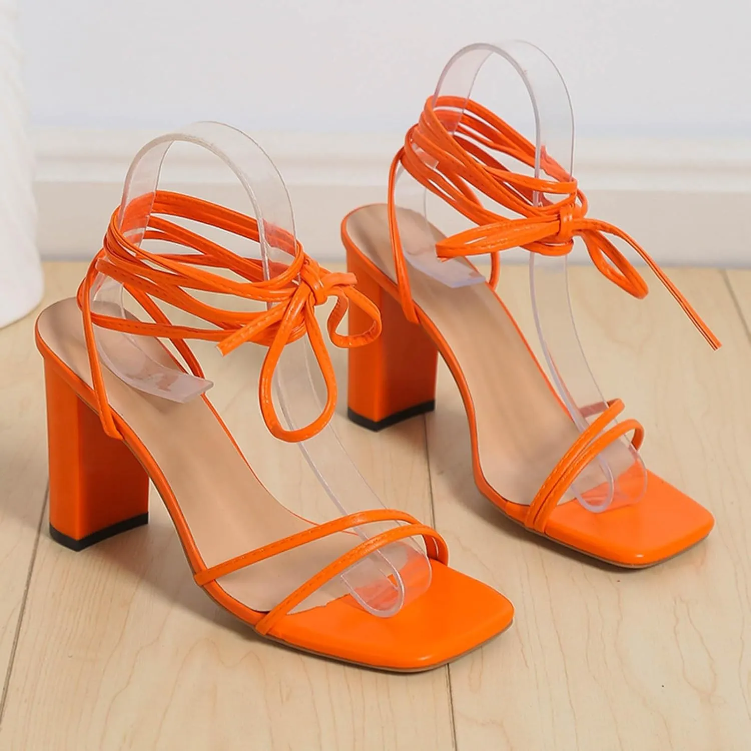 Womens Heel Dress Shoes Ladies Fashion Summer Solid Color Leather Ankle Strap Chunky High Heel Sandals
