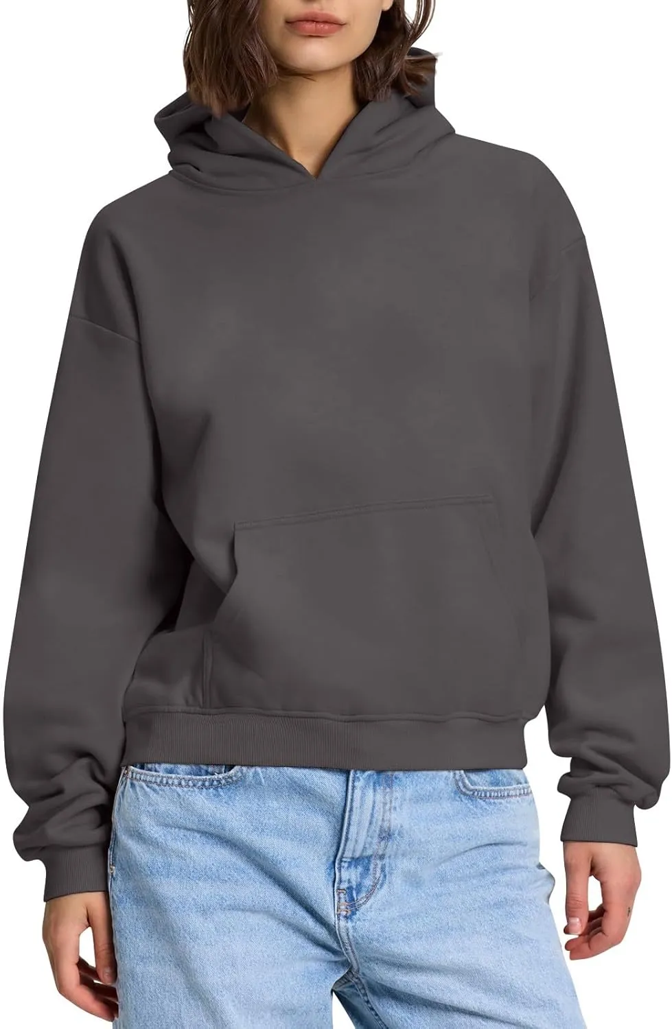 Womens Hoodies Fleece Fall Long Sleeve Sweatshirts Oversized Y2k Hoodies Solid Color Casual Pullover with Pocket