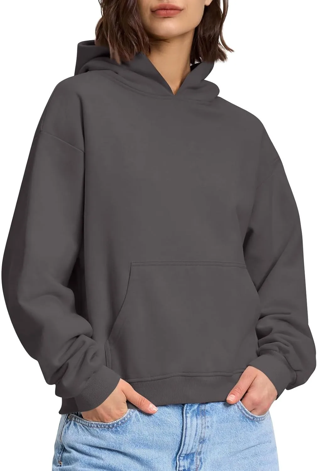 Womens Hoodies Fleece Fall Long Sleeve Sweatshirts Oversized Y2k Hoodies Solid Color Casual Pullover with Pocket