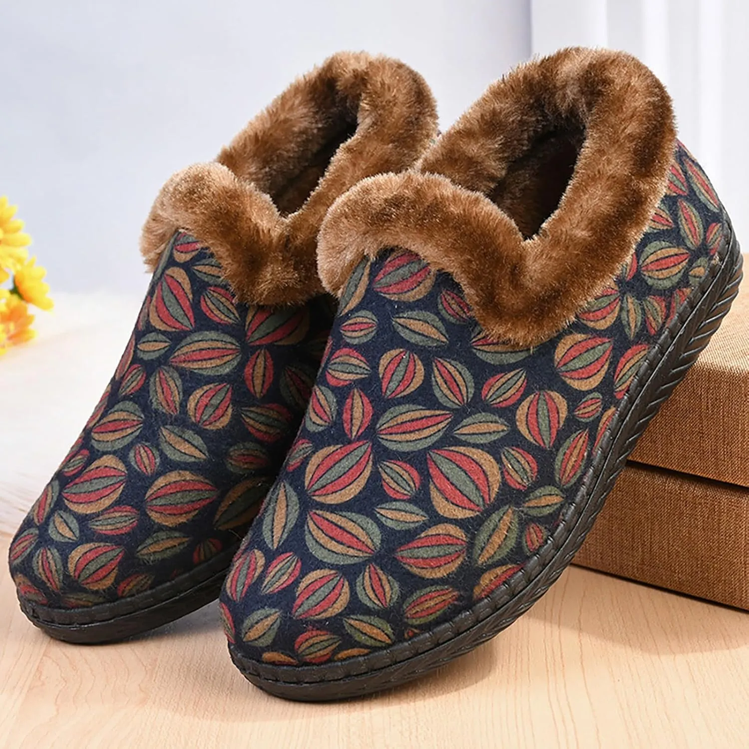 Womens Insulated Hiking Boots Deer Prints Flat Round Toe Lazy Suede Shoes Snow Boots Boots Womens