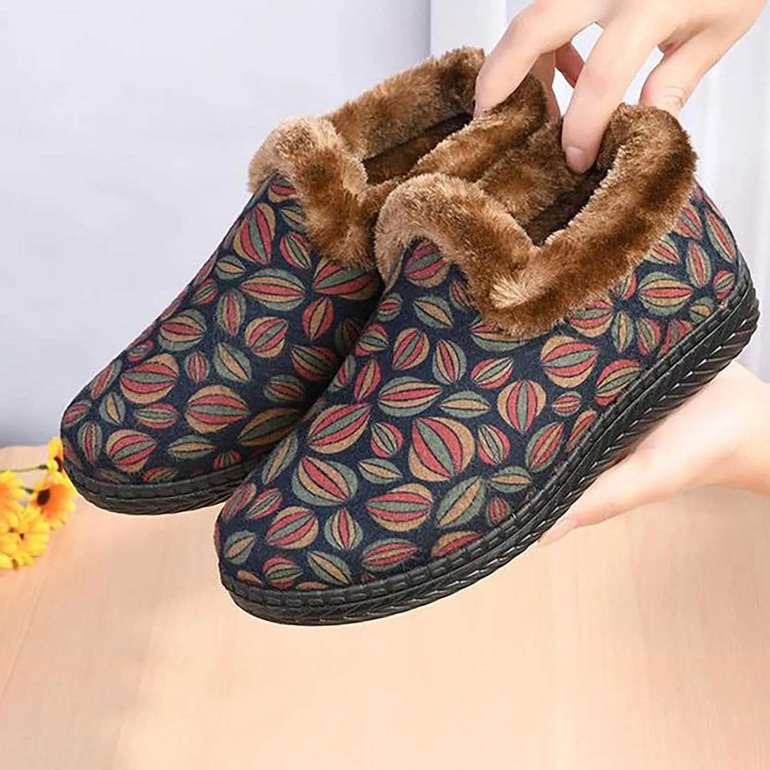 Womens Insulated Hiking Boots Deer Prints Flat Round Toe Lazy Suede Shoes Snow Boots Boots Womens