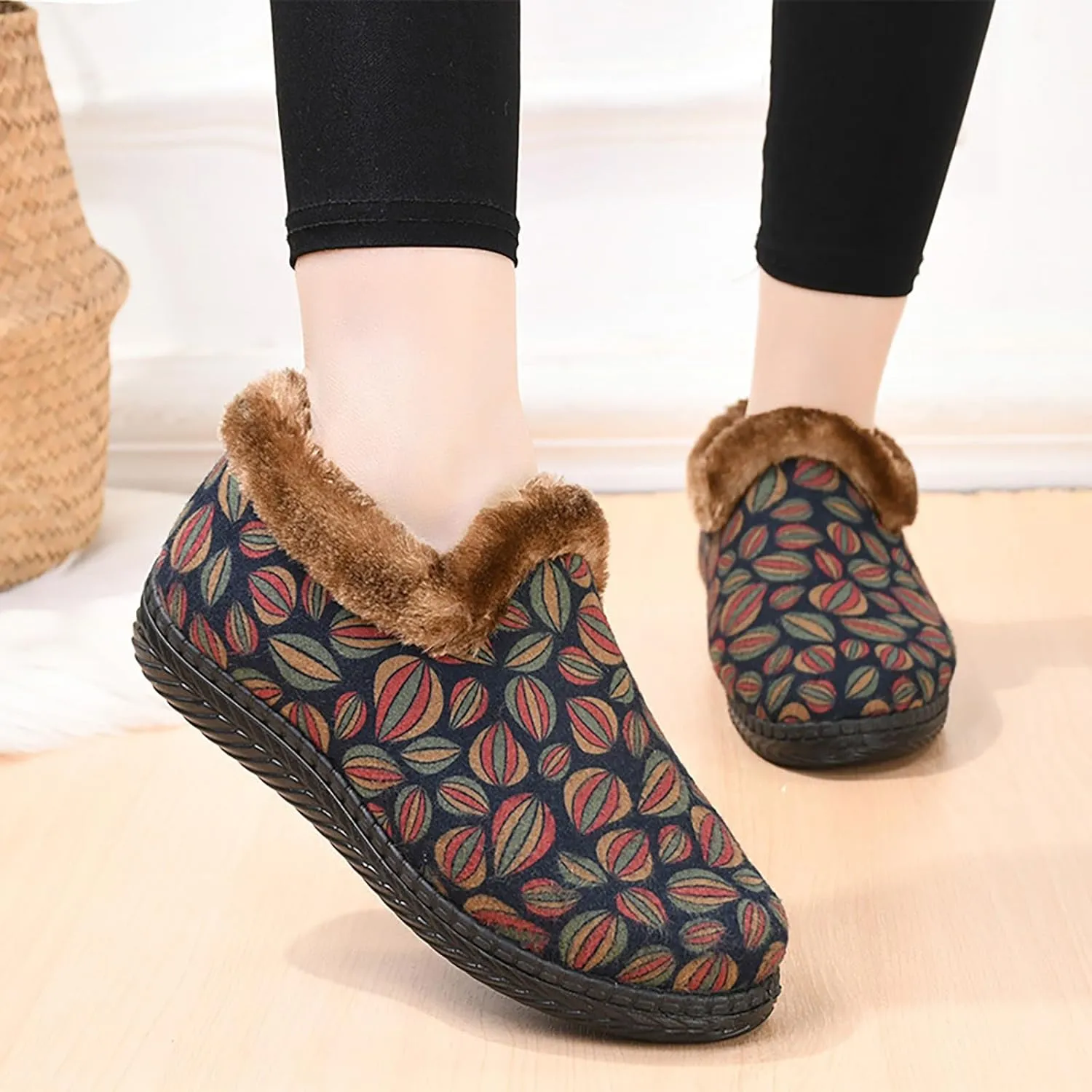 Womens Insulated Hiking Boots Deer Prints Flat Round Toe Lazy Suede Shoes Snow Boots Boots Womens