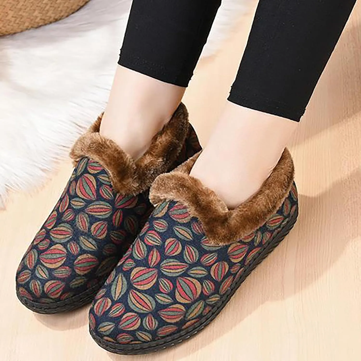 Womens Insulated Hiking Boots Deer Prints Flat Round Toe Lazy Suede Shoes Snow Boots Boots Womens