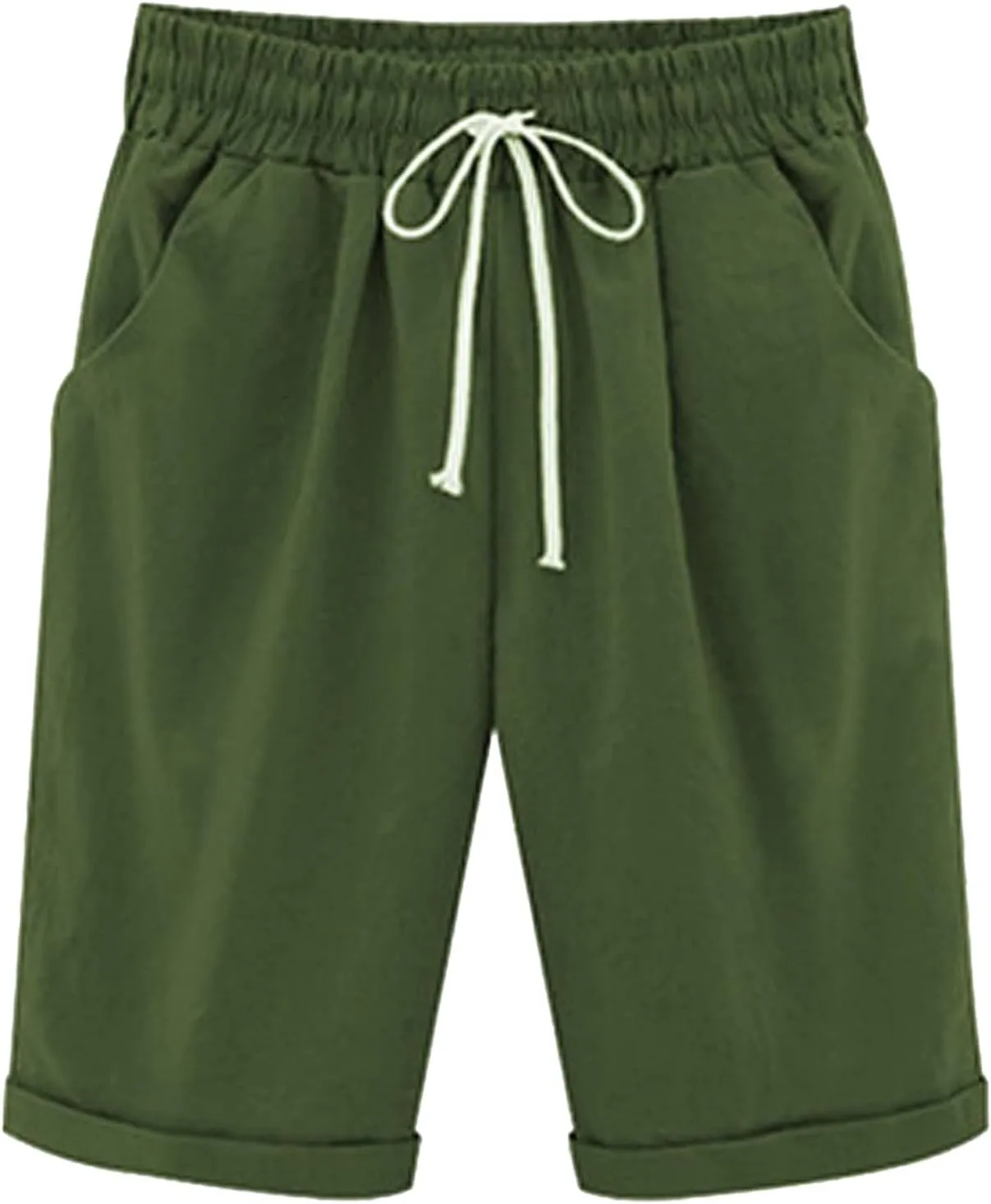 Womens Linen Shorts Casual Summer Womens Bermuda Linen Shorts Knee Length Elastic Waist Drawstring Beach Pants