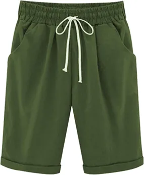 Womens Linen Shorts Casual Summer Womens Bermuda Linen Shorts Knee Length Elastic Waist Drawstring Beach Pants