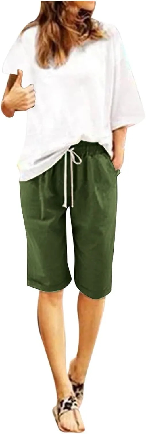 Womens Linen Shorts Casual Summer Womens Bermuda Linen Shorts Knee Length Elastic Waist Drawstring Beach Pants