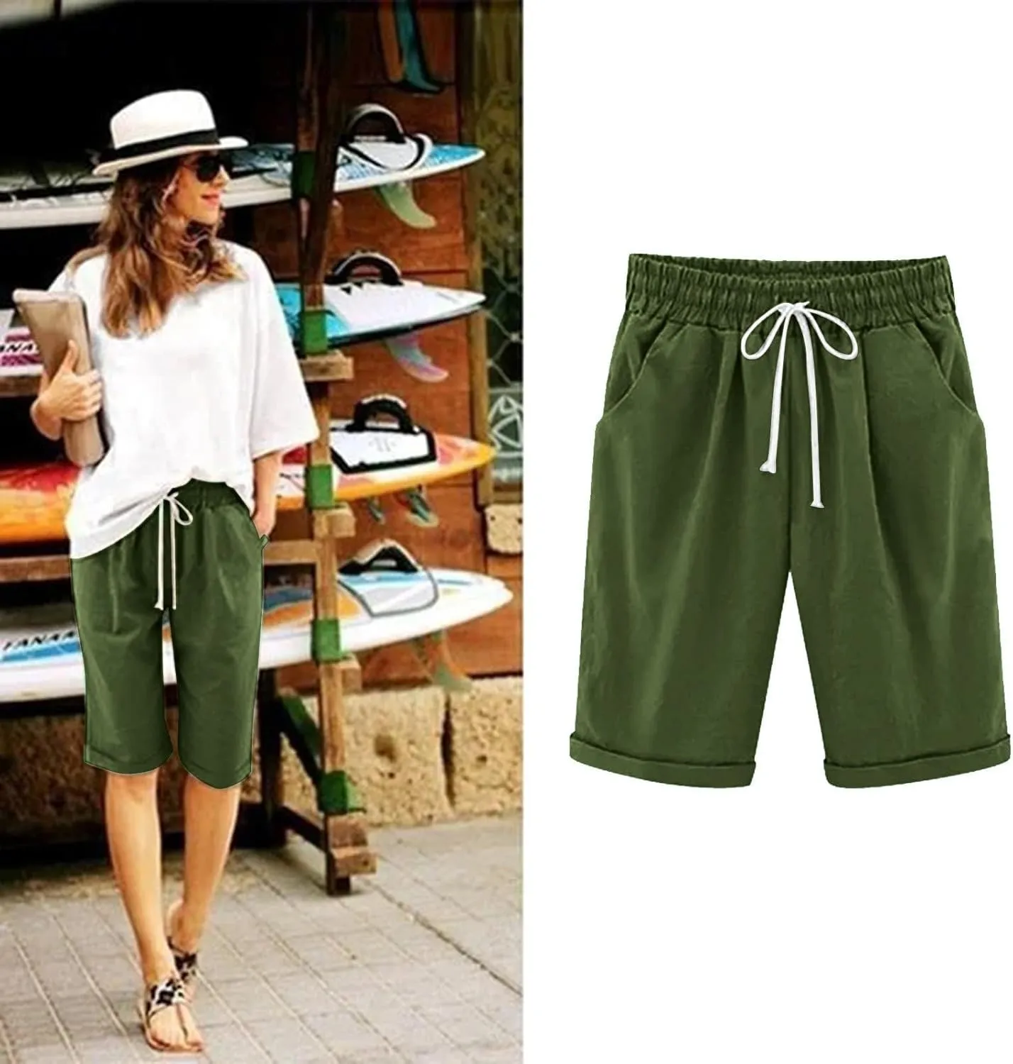 Womens Linen Shorts Casual Summer Womens Bermuda Linen Shorts Knee Length Elastic Waist Drawstring Beach Pants
