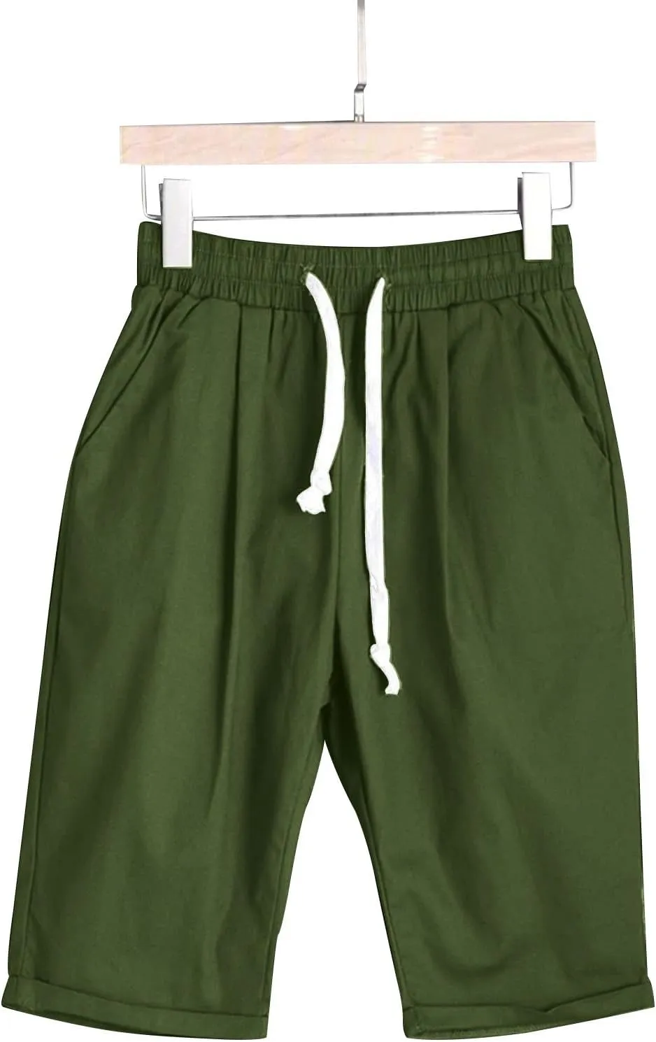 Womens Linen Shorts Casual Summer Womens Bermuda Linen Shorts Knee Length Elastic Waist Drawstring Beach Pants