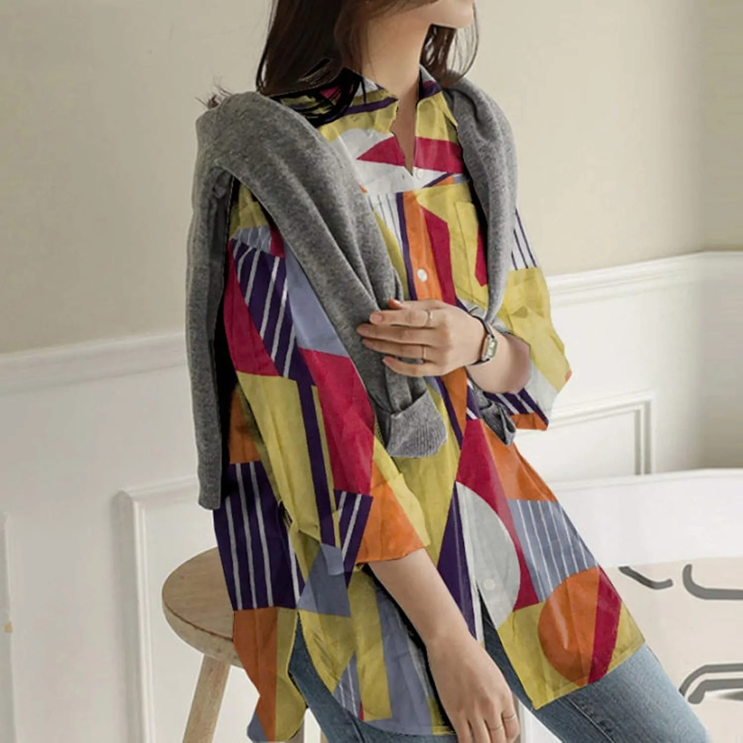 Womens Linen Tops Button Slit Striped Sleeve Long Printed Women Shirts Womens Fashion Linen Top Cotton Tops for