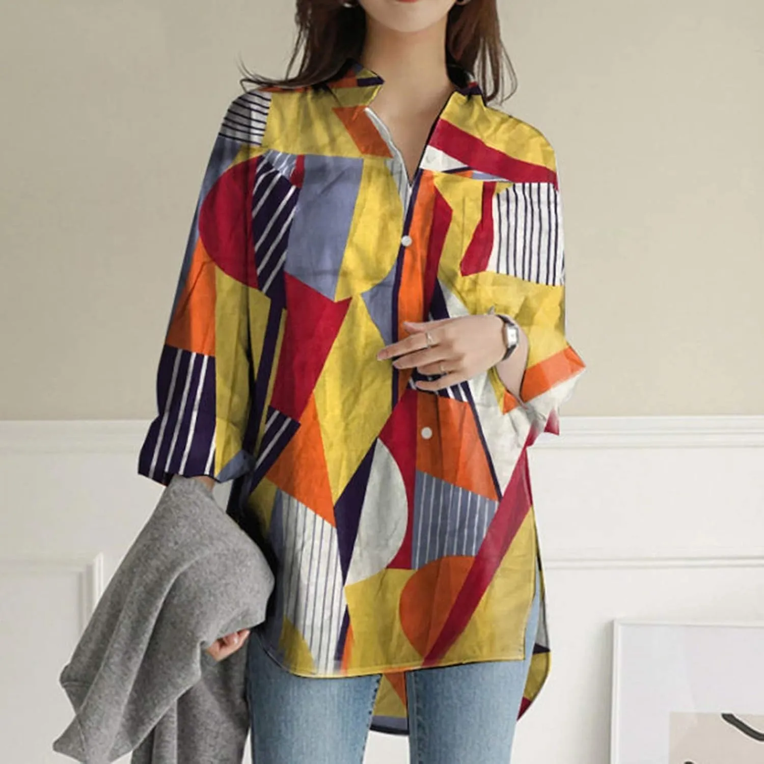 Womens Linen Tops Button Slit Striped Sleeve Long Printed Women Shirts Womens Fashion Linen Top Cotton Tops for