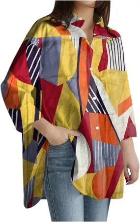 Womens Linen Tops Button Slit Striped Sleeve Long Printed Women Shirts Womens Fashion Linen Top Cotton Tops for
