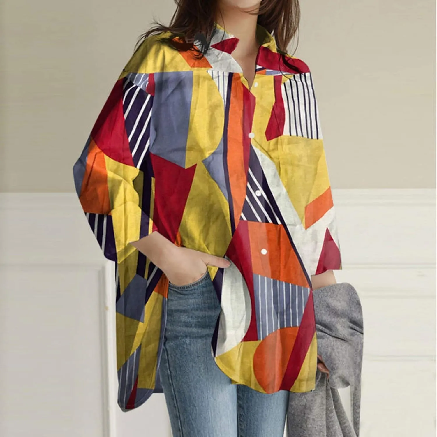 Womens Linen Tops Button Slit Striped Sleeve Long Printed Women Shirts Womens Fashion Linen Top Cotton Tops for