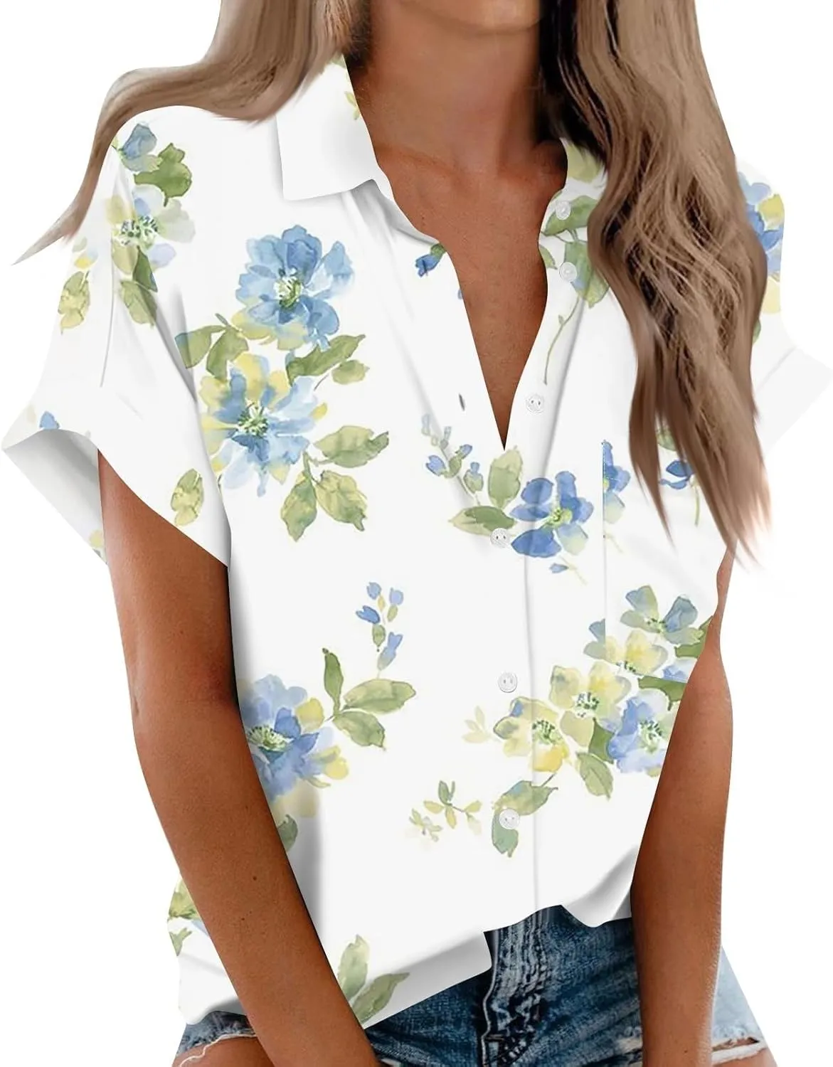 Womens Linen Tops Cotton Womens Short Sleeve Shirts V Neck Collared Down Blouse Tops Oversized Button Down Shirt