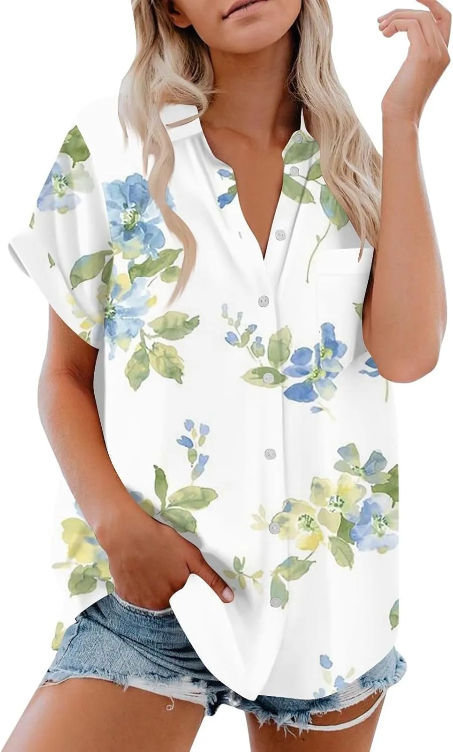 Womens Linen Tops Cotton Womens Short Sleeve Shirts V Neck Collared Down Blouse Tops Oversized Button Down Shirt