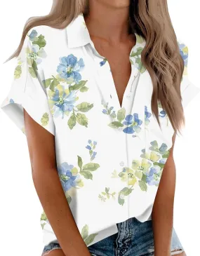Womens Linen Tops Cotton Womens Short Sleeve Shirts V Neck Collared Down Blouse Tops Oversized Button Down Shirt