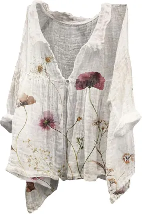 Womens Linen Tops Print Natural Autumn Fragrant Fabric Shirt Women Button Down Shirt Womens Linen Button Down Shirts