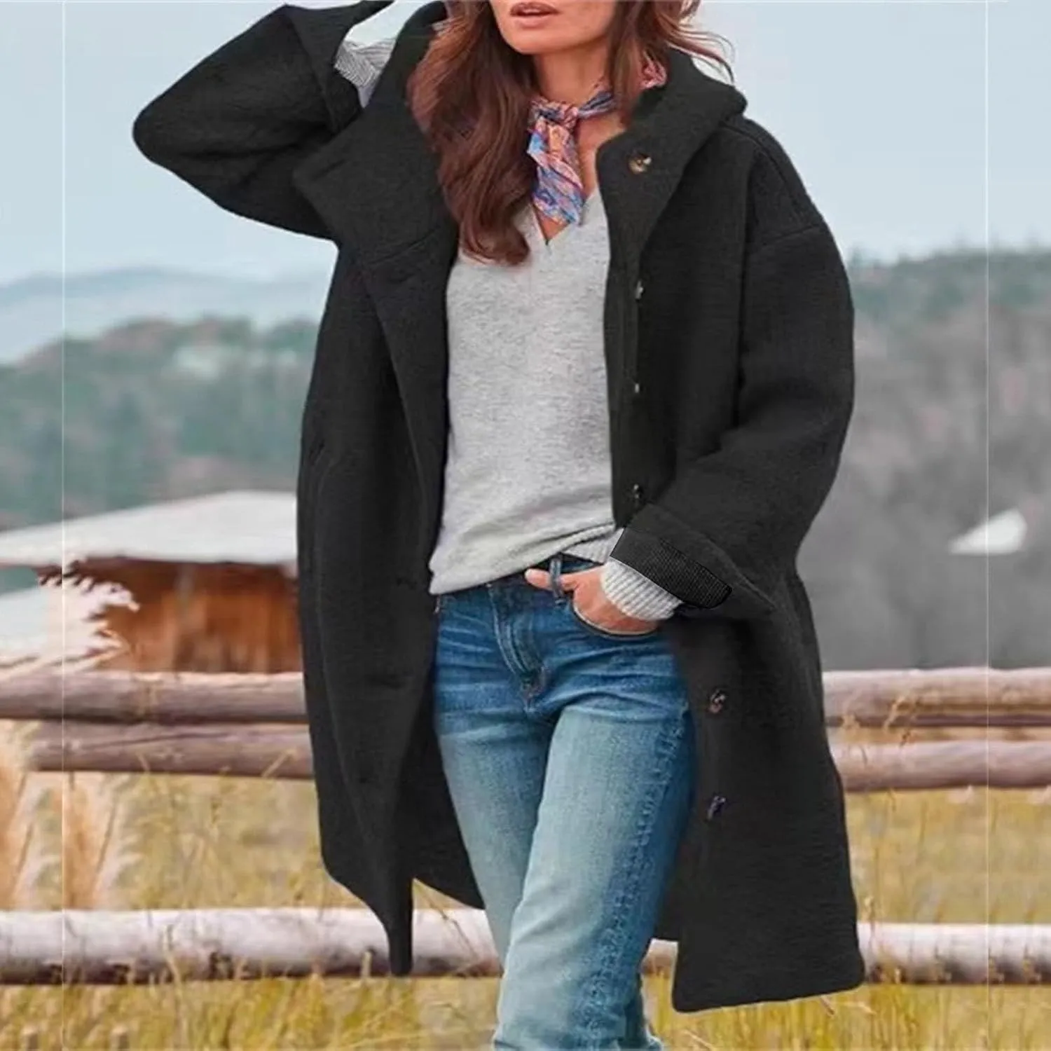 Womens Long Sleeve Casual Fuzzy Jacket Loose Fitting Warm Winter Outwear Fashion Lapel Jacket Womens Wool
