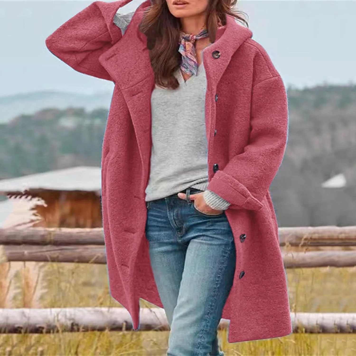 Womens Long Sleeve Casual Fuzzy Jacket Loose Fitting Warm Winter Outwear Fashion Lapel Jacket Womens Wool