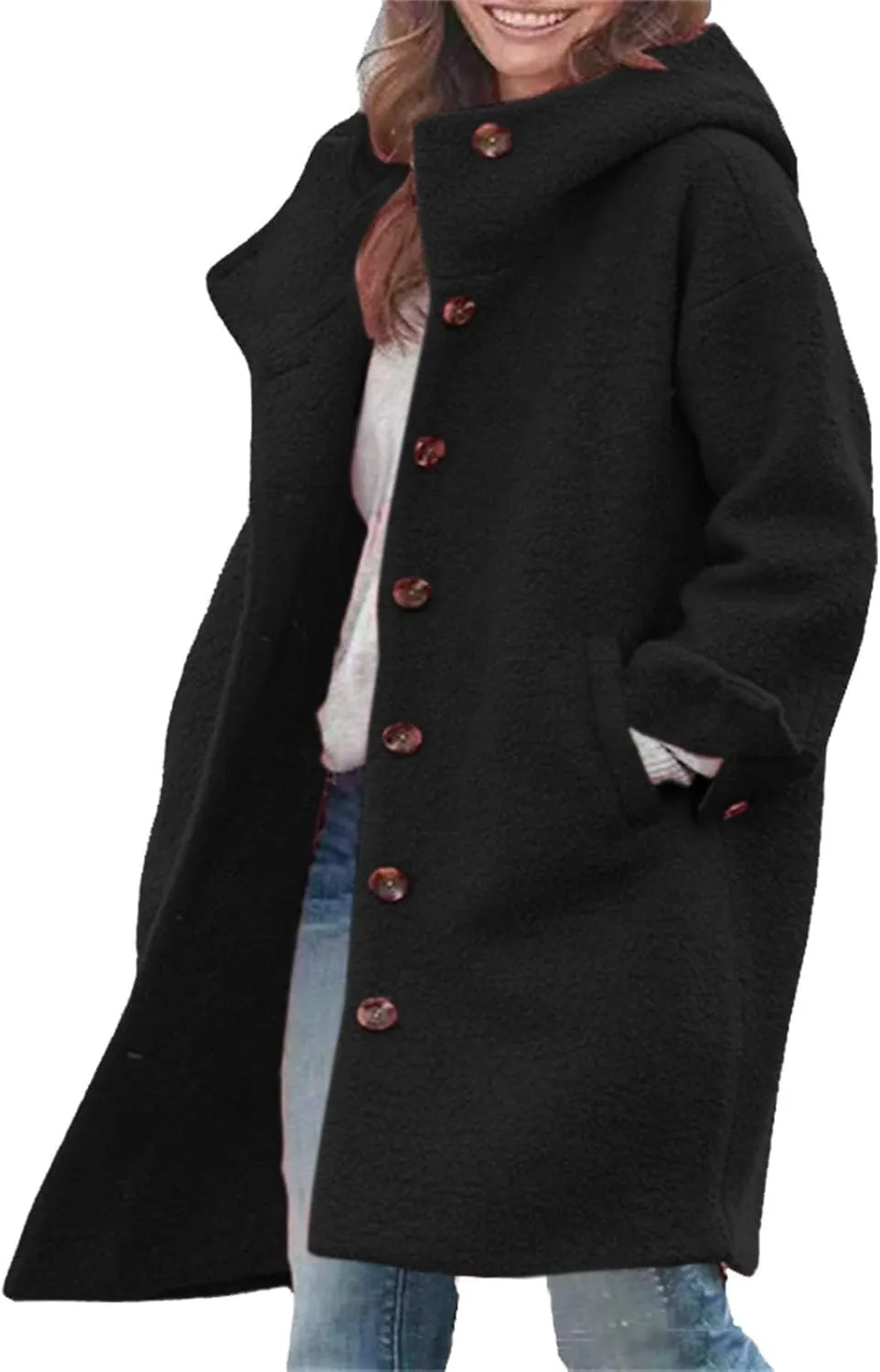 Womens Long Sleeve Casual Fuzzy Jacket Loose Fitting Warm Winter Outwear Fashion Lapel Jacket Womens Wool