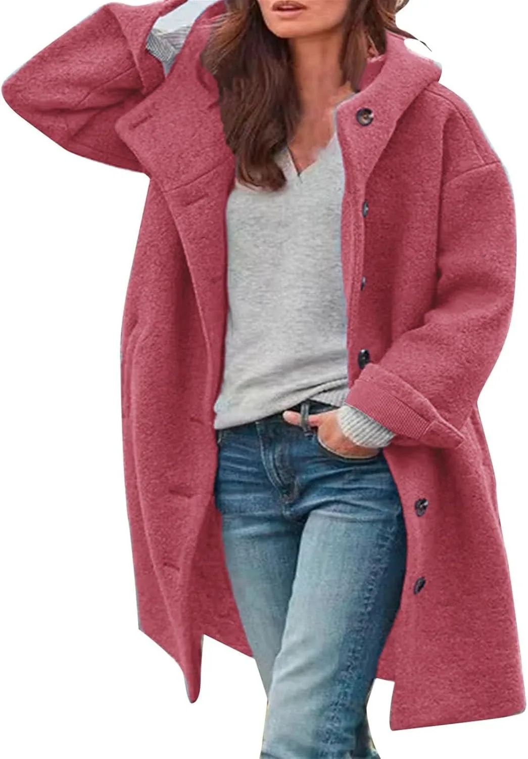 Womens Long Sleeve Casual Fuzzy Jacket Loose Fitting Warm Winter Outwear Fashion Lapel Jacket Womens Wool