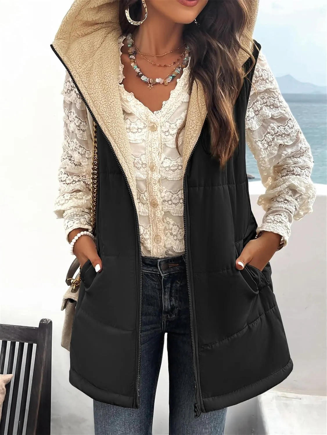 Womens Long Vest Zip Up Hoodie Pockets Long Warm Winter Coat Outerwear Womens Fall Vests Winter Coat