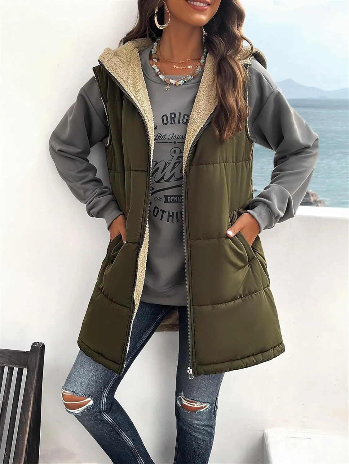 Womens Long Vest Zip Up Hoodie Pockets Long Warm Winter Coat Outerwear Womens Fall Vests Winter Coat