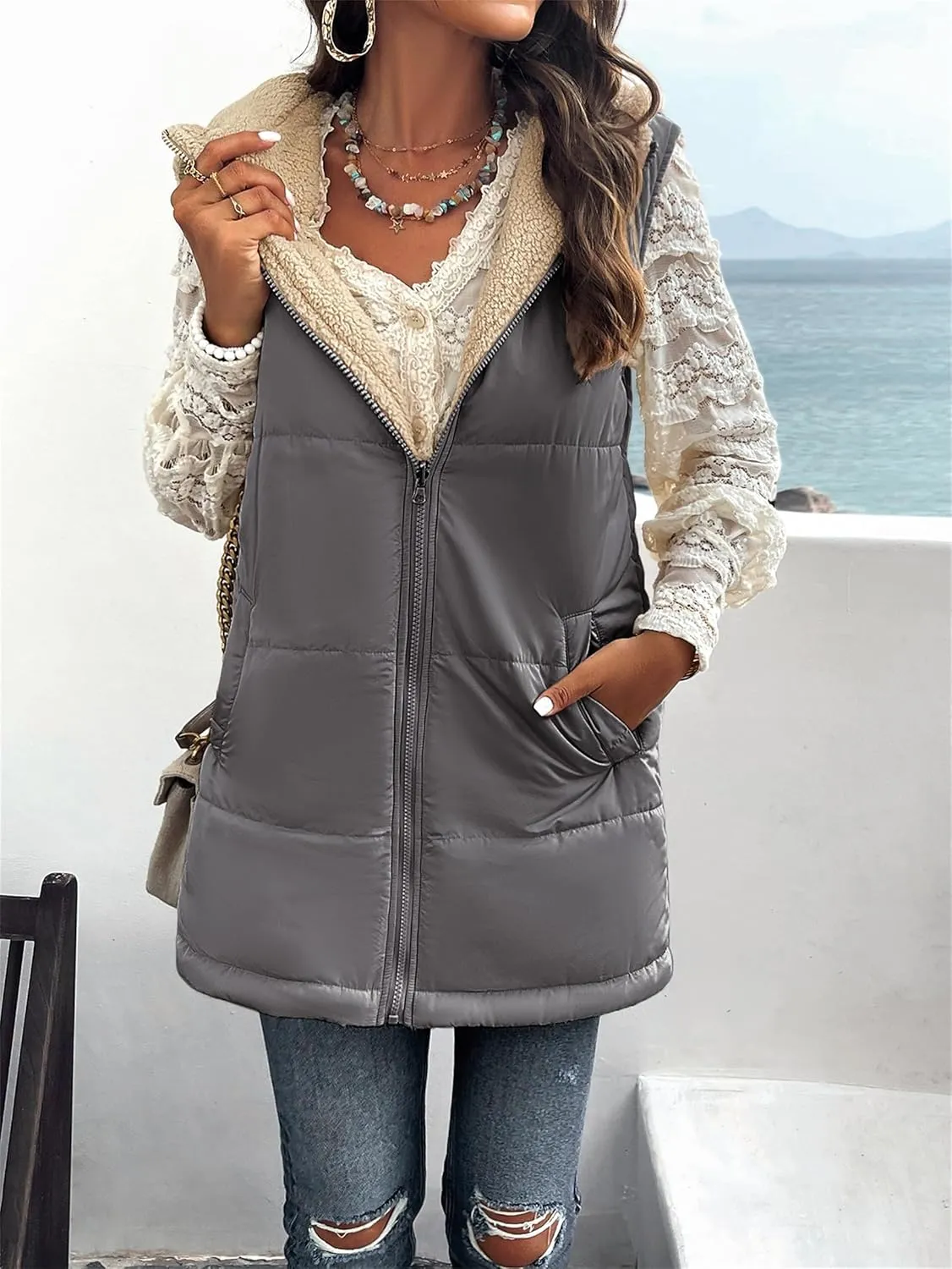 Womens Long Vest Zip Up Hoodie Pockets Long Warm Winter Coat Outerwear Womens Fall Vests Winter Coat