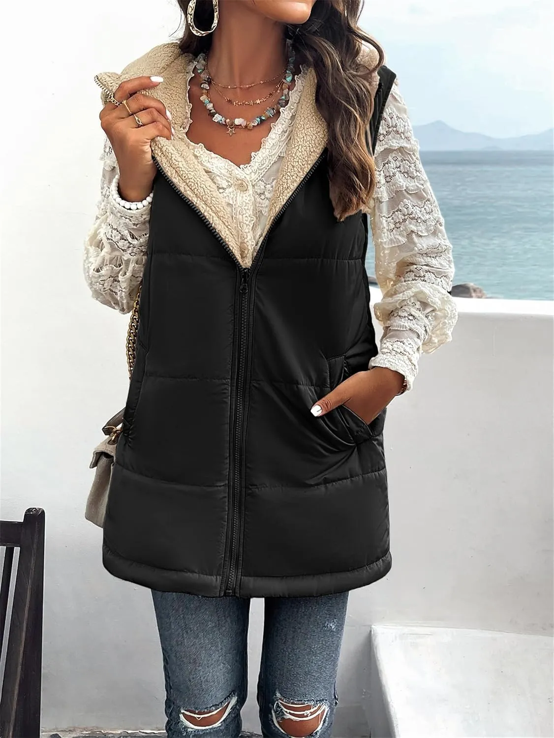 Womens Long Vest Zip Up Hoodie Pockets Long Warm Winter Coat Outerwear Womens Fall Vests Winter Coat