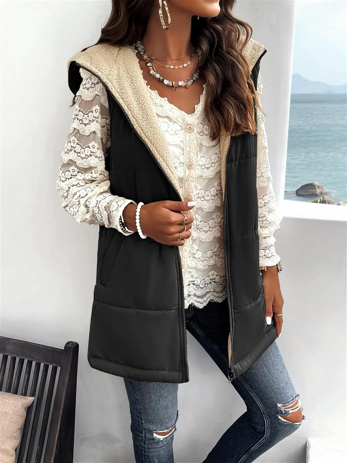 Womens Long Vest Zip Up Hoodie Pockets Long Warm Winter Coat Outerwear Womens Fall Vests Winter Coat